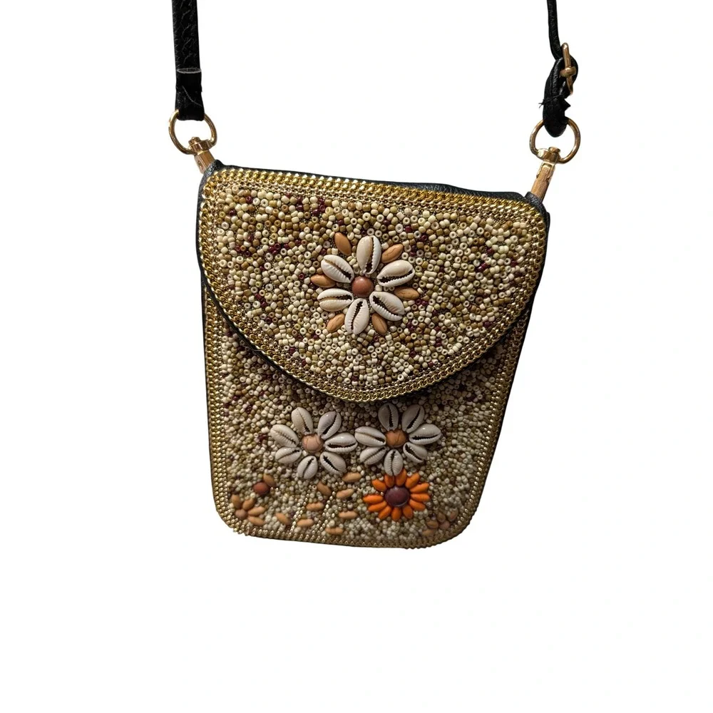 Unbranded Crossbody Bag Women Small Black Excellent Beaded Shell Floral Boho